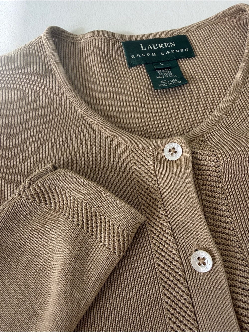 Lauren Ralph Lauren Women's Camel Crewneck 100% Silk Cardigan Sweater Size Large - Picture 5 of 8